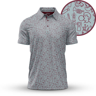 The Blew It - Polo is a light gray, moisture-wicking shirt featuring a maroon illustrated pattern of music-themed icons like instruments, headphones, microphones, and faces. A zoomed-in circle highlights the icon details on the fabric.
