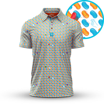 The Flickin' Beans - Polo features short sleeves and a playful pattern of blue, orange, and red jelly beans on white. Its moisture-wicking fabric keeps you cool, while a circular inset shows off the fun jelly bean design.
