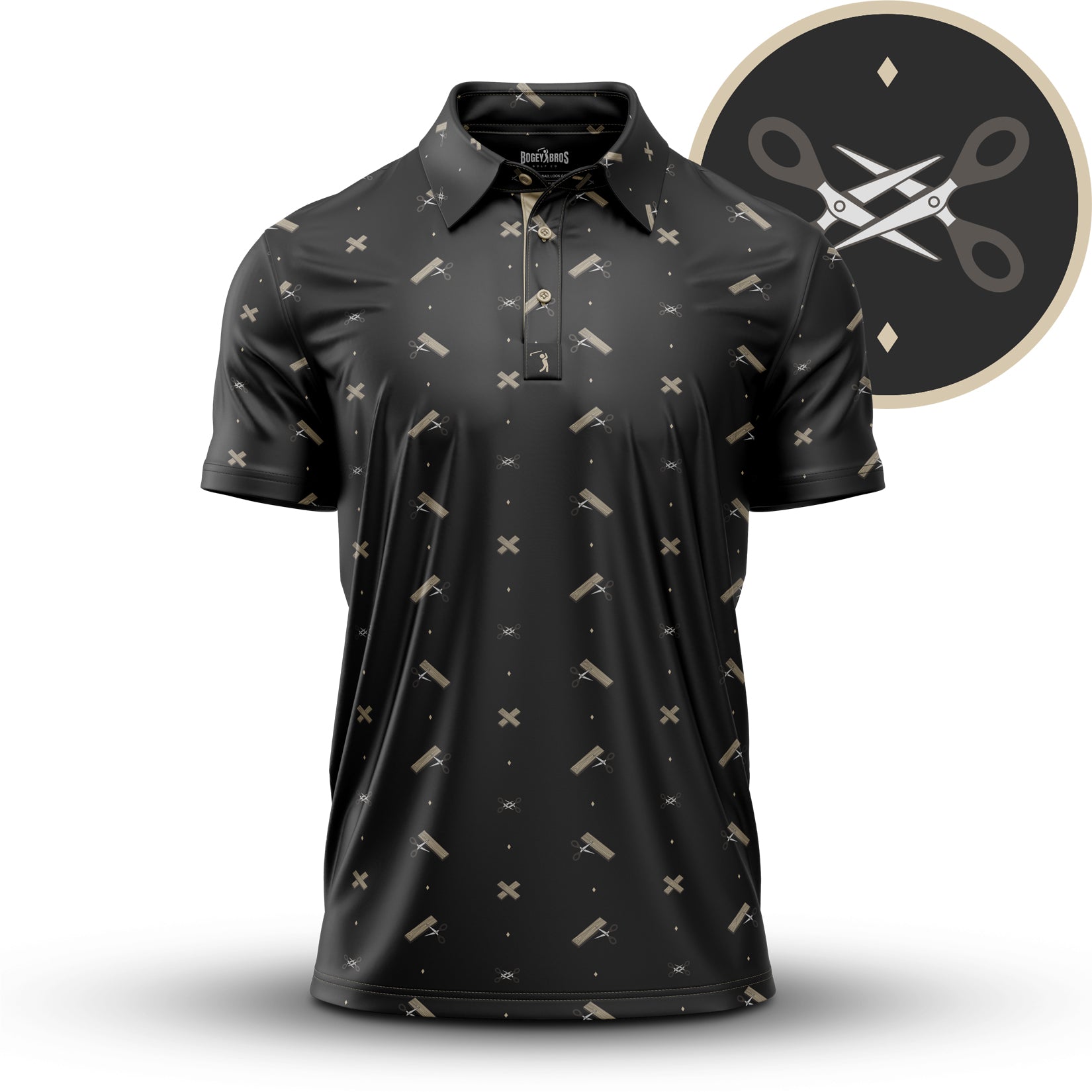 The Scissor Me Timbers - Polo is a black athletic-fit, short-sleeve shirt with a subtle sheen and an all-over pattern of beige scissors, combs, and X marks. Moisture-wicking fabric keeps you comfortable while showcasing grooming tool motifs.