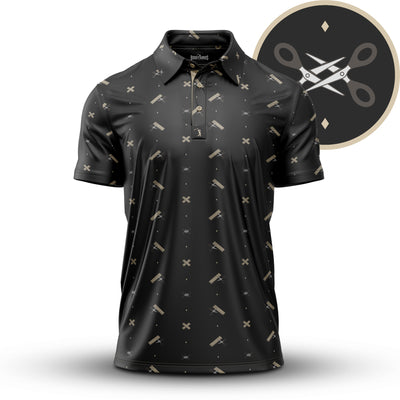 The Scissor Me Timbers - Polo is a black athletic-fit, short-sleeve shirt with a subtle sheen and an all-over pattern of beige scissors, combs, and X marks. Moisture-wicking fabric keeps you comfortable while showcasing grooming tool motifs.