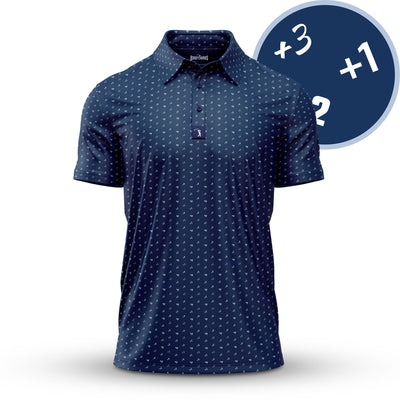 The Big Numbers - Polo is a navy blue short-sleeve shirt with a subtle white pattern, moisture wicking, and an athletic fit. Displayed with a blue circular graphic showing white text: “×3”, “+1”, and “2” to suggest scoring elements.