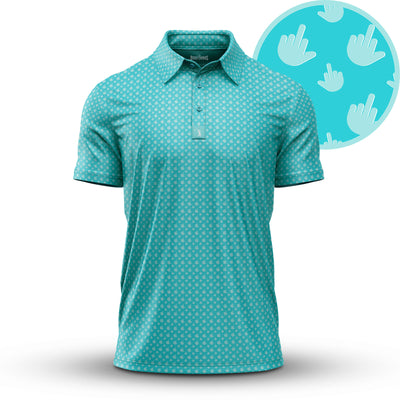 The Birdie Finger - Polo by Bogey Bros is a teal shirt with white hand gesture motifs—peace signs, thumbs up, and middle fingers—plus UPF 50 protection and an athletic fit. Inset highlights the playful icons on the fabric.