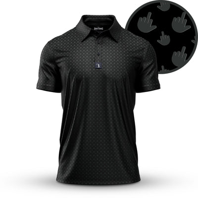 The Birdie Finger - Raven - Polo is a black polo shirt with an athletic fit, collar, and short sleeves, featuring a subtle gray pattern of hand icons making a middle finger gesture. Enlarged inset shows the repeating design detail.
