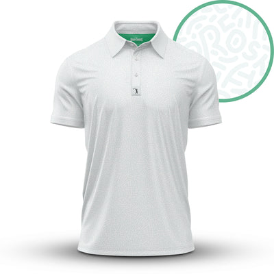 The Stealth Mode - Light - Polo is a white, athletic-fit short-sleeve shirt with a subtle light grey abstract swirl pattern, collar, three-button placket, and a small logo on the placket.