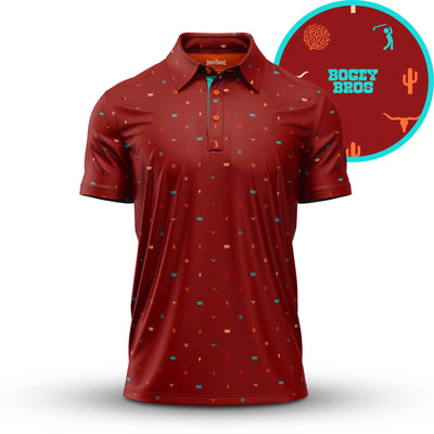 The Desert - Polo is a maroon, short-sleeve shirt with subtle desert-inspired prints—cacti, animal shapes, and golf icons. Athletic fit offers UPF 50 protection. Close-up inset displays pattern details and turquoise BOGEY BROS text.
