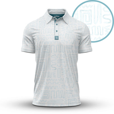 The Dipsy Doodle - Polo is a white polo shirt with light blue abstract geometric patterns—swirls, zigzags, and squares. It features an athletic fit, collar, three-button placket, and short sleeves. An inset highlights the detailed pattern.