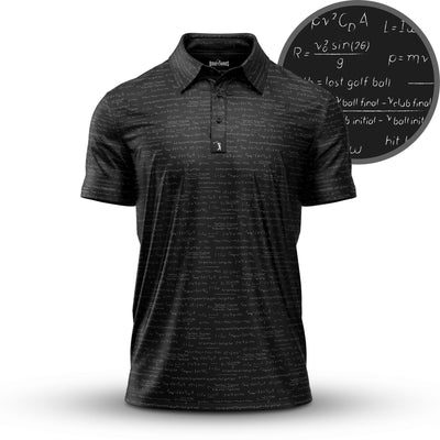 The Easy Game - Polo is a black collared shirt with an athletic fit, featuring short sleeves and UPF 50 protection. Its fabric showcases white handwritten-style physics equations and scientific notations in a subtle all-over print.