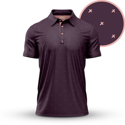 The Exes - Plum - Polo is an athletic-fit, short-sleeved deep purple shirt with a collar and three buttons, featuring a subtle light pink X pattern on moisture-wicking fabric. An inset circle shows an enlarged detail of the pattern.
