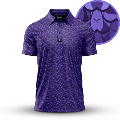 The Eyes Up Here - People Eaters - Polo is a short-sleeve purple polo featuring an athletic fit and a subtle geometric pattern of overlapping dark shapes with black accents on a lighter purple background.