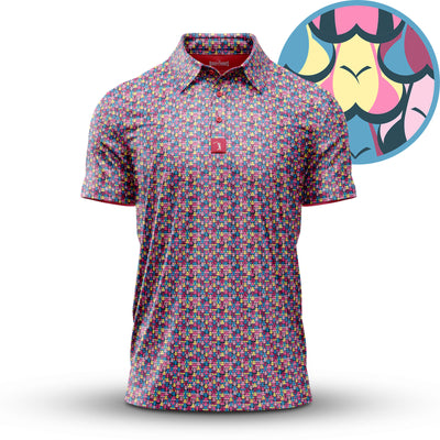 The Eyes Up Here - Shagadelic - Polo features a vibrant geometric pattern in pink, blue, yellow, and teal on stretchy, moisture-wicking fabric. A circular close-up highlights the playful design for added flair.