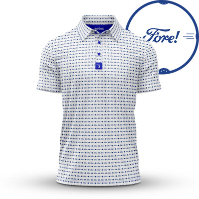 The Fore! - Polo is a white short-sleeve athletic-fit shirt with a blue golf cart pattern, moisture-wicking fabric, blue button placket, collar label, and a circular “Fore!” graphic in blue script on the right.