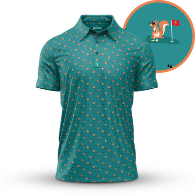 The Found A Nut - Polo is an athletic-fit teal shirt featuring a cartoon fox with a golf club, an inset of the fox near hole 9, moisture wicking, and UPF 50 protection for enhanced performance.