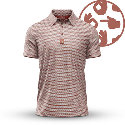 The Get In The Hole - Polo is a short-sleeve, collared shirt with an athletic fit and a subtle pink and white geometric pattern. Behind it is a brown circular ASL hand symbol on a white background.