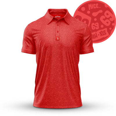 The Going Low - Polo is a red, short-sleeve shirt with an athletic fit, classic collar, three buttons, subtle all-over pattern, and moisture-wicking comfort. A circular swatch shows playful icons and text like "Nice" and "69.