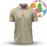 The Gummy Bears - Polo is a short-sleeve shirt with a vibrant gummy bear print in green, orange, yellow, pink, and blue on white. It features a collar, pink button placket, moisture-wicking fabric, and close-up inset of bear shapes.