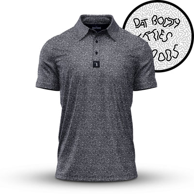 Introducing the Hidden Words - Polo: a black-and-white, short-sleeve, athletic-fit polo shirt featuring a swirling abstract pattern with hidden text “DAT BODY ARTIES 2008” and a three-button placket. Inset reveals a close-up of the pattern.