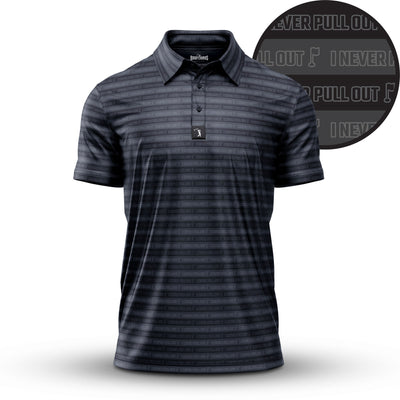 The “I Never Pull Out - Polo” is a black, athletic-fit short-sleeve shirt with thin gray stripes featuring “I NEVER PULL OUT” text and musical notes, as detailed in the close-up at the top right.
