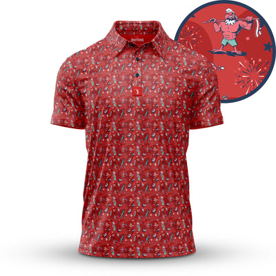 The Leggy Liberty - Polo is a red short-sleeve shirt with all-over cartoon Santas, American flags, fireworks, and stars. Super stretchy for comfort, it highlights a flexing Santa in swim trunks among festive icons.