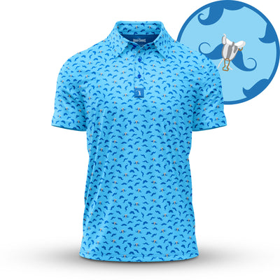 The Mustache Ride - Polo is a light blue, athletic-fit shirt with an all-over whimsical mustache pattern, moisture-wicking comfort, collar, and buttons. Inset image: a white mustache lifting weights adds playful flair.