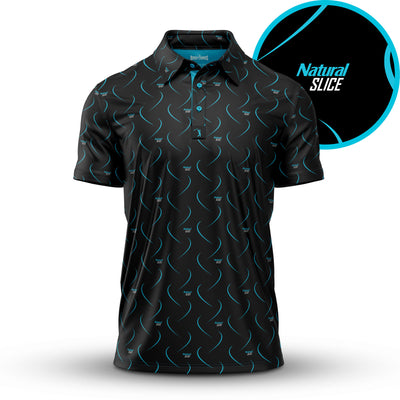 The Natural Slice - Polo is a black athletic-fit shirt with a blue wave pattern, buttoned collar, and moisture-wicking fabric. Close-up reveals "Natural SLICE" text on curved blue lines resembling tennis ball seams.