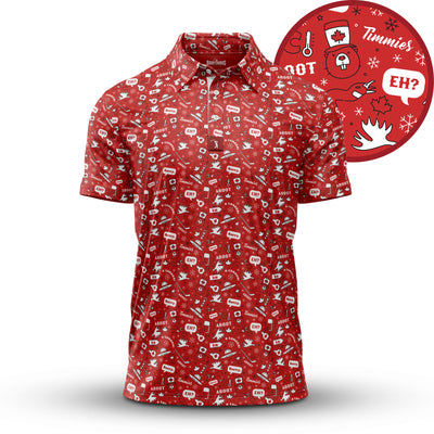 The O Canada - Polo is a red short-sleeve button-up shirt featuring white Canadian-themed icons like maple leaves and hockey sticks. Designed in an athletic fit, it includes close-up details showing the unique print.