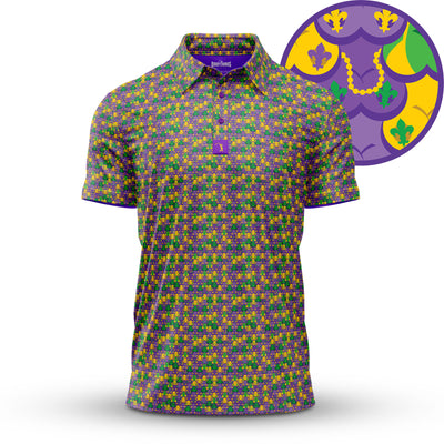 The Phat Tuesday - Polo is a short-sleeve shirt with an athletic fit, decorated in green, yellow, and purple Mardi Gras motifs like fleur-de-lis, beads, and confetti. Moisture-wicking fabric keeps you comfortable at any celebration.