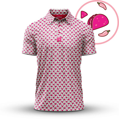 The Pink Taco - Polo is a short-sleeve, athletic-fit polo with a white base, pink taco and chili pepper pattern, moisture-wicking fabric, collar, buttons, and an illustrated circle featuring a pink taco and chili pepper.