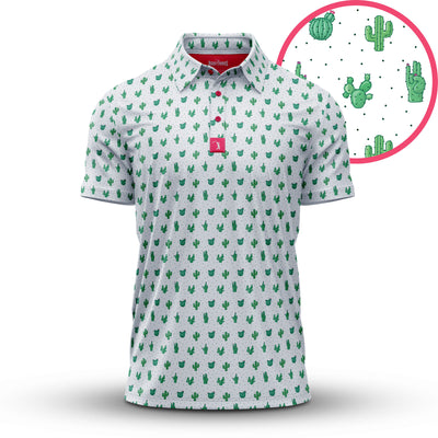 The Prick-Ly Pear - Polo is a white athletic-fit shirt with an all-over green cactus print, featuring pink flowers and playful designs outlined in small pink dots. A circular inset highlights the unique cactus patterns.