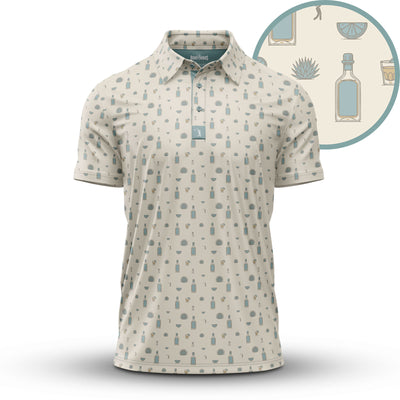 The Reposado - Polo is a beige, athletic fit short-sleeve collared shirt with a small repeating pattern of blue and tan agave plants, bottles, shot glasses, limes, and margarita glasses; detail inset shows larger icons.