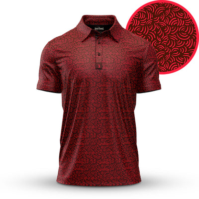 The Arcs - Red - Polo features a black swirling abstract pattern on red with an athletic fit, collar, and button placket. A close-up reveals the intricate design, giving it a modern sporty look.