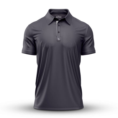 The Solid Charcoal - Polo is a dark gray short-sleeve shirt with a collar and three buttons, featuring moisture-wicking smooth fabric, a relaxed fit, and a small label on the placket, shown on a plain white background.