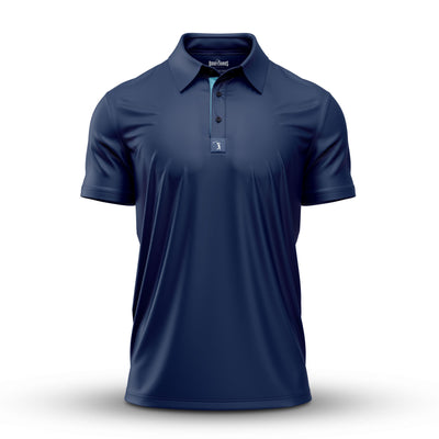 The Solid Navy - Polo is a navy athletic-fit, short-sleeved polo featuring a collar, three-button placket with light blue accent beneath, and a small logo tag below the buttons, shown on a plain white background.
