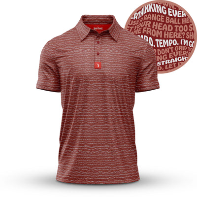 The Swing Thoughts - Polo is a red, short-sleeve polo shirt with a subtle wavy pattern, athletic fit, and moisture-wicking fabric. It features phrases like “THINKING” in the design, a three-button placket, and a red logo tag.