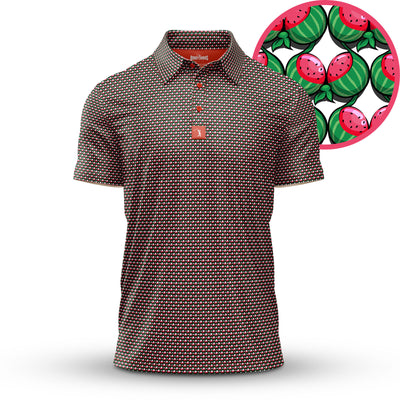 The Wantermelons - Polo is a short-sleeved, athletic-fit shirt featuring a geometric red strawberry and green watermelon pattern on white, offering stylish design and UPF 50 protection.