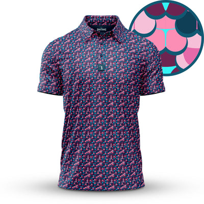The Whale Tail - Psycho Siren - Polo features an athletic fit and moisture-wicking fabric, with a vibrant pattern of pink, teal, blue, and magenta abstract scales for comfort and standout style.
