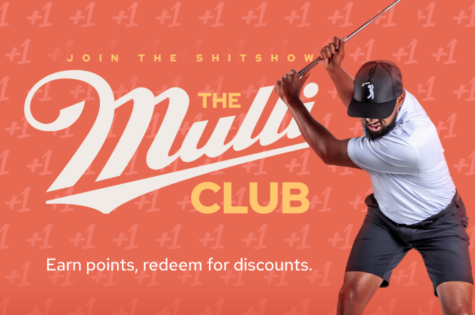 A man in golf attire swings a club on an orange background with white +1 symbols. Large text says Join The Shitshow: The Mulligan Club. Subtext reads, Earn points, redeem for discounts..