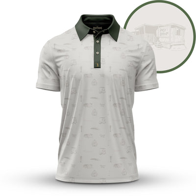 The Country Club - Polo: A light gray shirt with fishing gear sketches, dark green collar, and button placket, front-facing. Features UPF 50 protection. Inset in top right shows a rustic "Pro Shop" building sketch in a green circle.