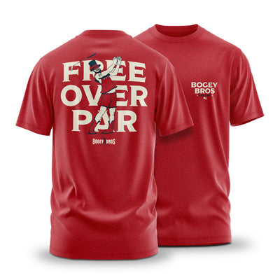 The Awesome Abe - T-Shirt is a red, athletic fit tee with "BOGEY BROS" on the front left chest. The back features a cartoon golfer and bold “FREE OVER PAR,” plus a small "BOGEY BROS" logo under the illustration. Stretchy and comfortable feel.