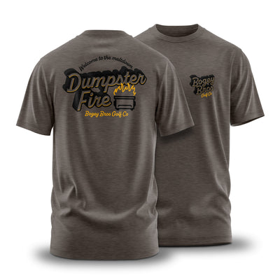 The Meltdown - T-Shirt is shown front and back in brown, with an athletic fit. The back features “Welcome to the meltdown Dumpster Fire” and a dumpster graphic; the stretchy front displays a yellow “Bogey Bros Golf Co” logo for comfort.