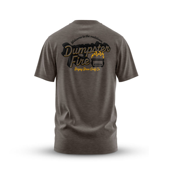 Gray t-shirt with 'Dumpster Fire' graphic on a white background