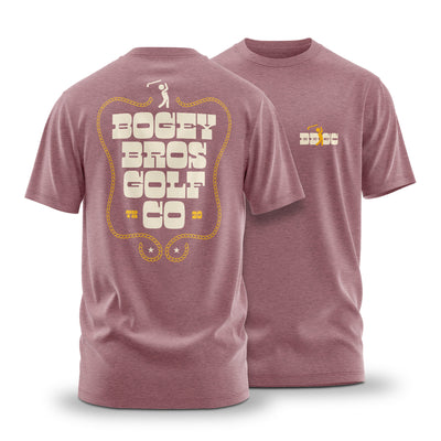 Two mauve Outlawed - T-Shirts are shown. They feature a small "BB GC" logo on the left chest and bold cream and yellow graphics with golf clubs and “20” on the back, all in a stretchy, athletic fit for comfort.