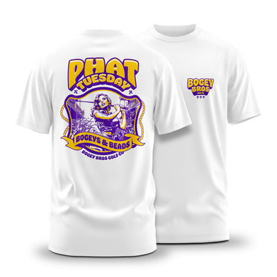 The Phat Tuesday - T-Shirt features an athletic fit, tagless jersey fabric, a yellow and purple “Bogey Bros” front logo, plus a Mardi Gras-inspired back design with “Phat Tuesday,” “Bogeys & Beads,” and “Bogey Bros Golf Co.”.