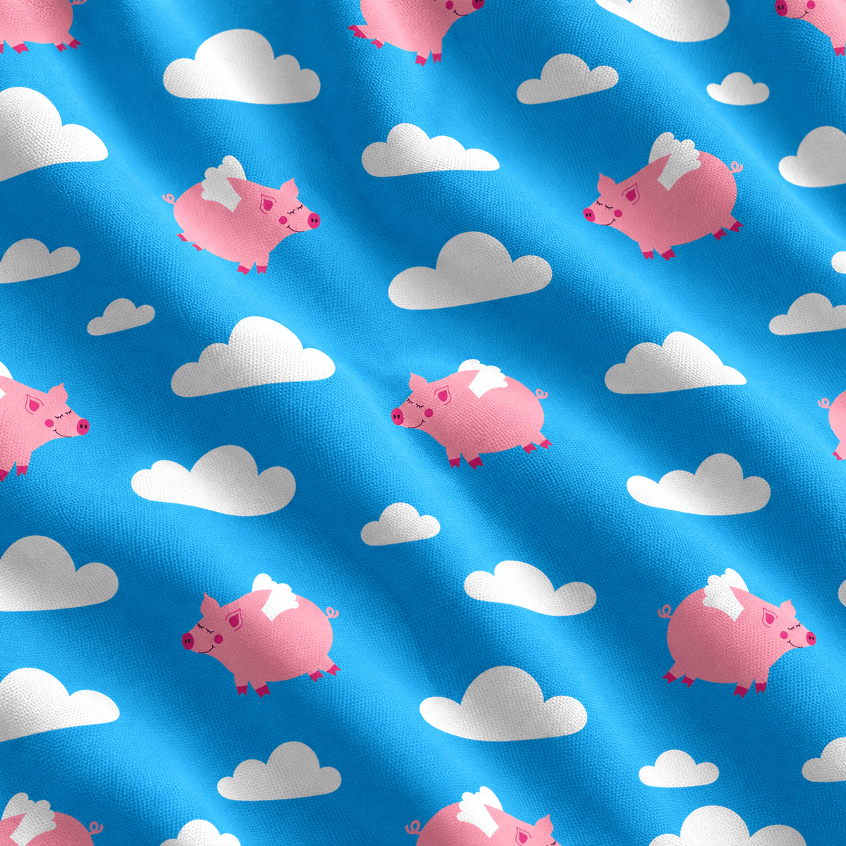 Introducing the Pigs Fly - Women’s Polo: a vibrant blue shirt adorned with a playful, repeating pattern of smiling pink pigs with delicate white angel wings gliding among fluffy clouds. Crafted to mimic gentle, diagonal fabric folds for added dimension and realism, this polo also provides UPF 50 protection to help shield your skin from harmful sun rays.