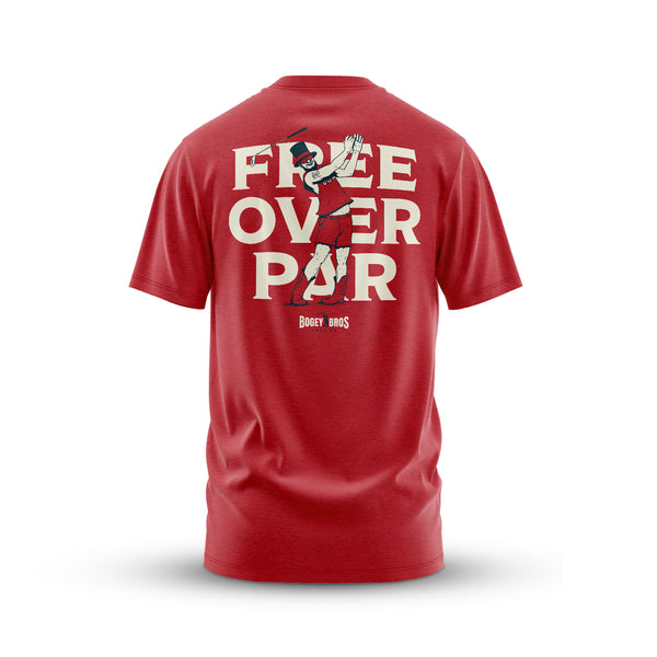 The Awesome Abe - T-Shirt features an athletic fit, bold beige "FREE OVER PAR" text on the back, a cartoon golfer mid-swing, small BOGEY BROS lettering below, and a tagless jersey design for added comfort.