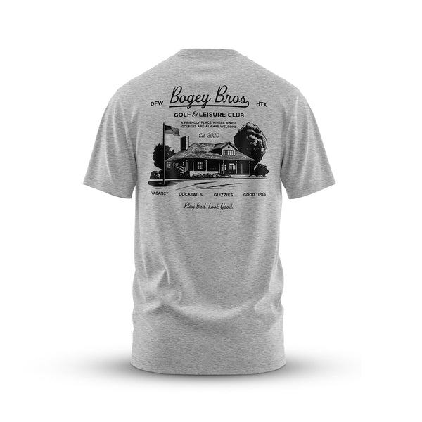 The Vintage Club - T-Shirt is a gray cotton-polyester tee featuring a black illustrated clubhouse and "Bogey Bros GOLF & LEISURE CLUB" on the back—perfect for golfers who play bad but look good.