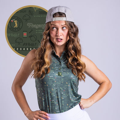 A woman with long wavy brown hair wears a backward gray cap, white skirt, and the Peasants '26 - Women's Polo, a sleeveless green golf shirt with moisture-wicking fabric and golf-themed design. She looks right in surprise; an inset highlights her polo’s pattern.