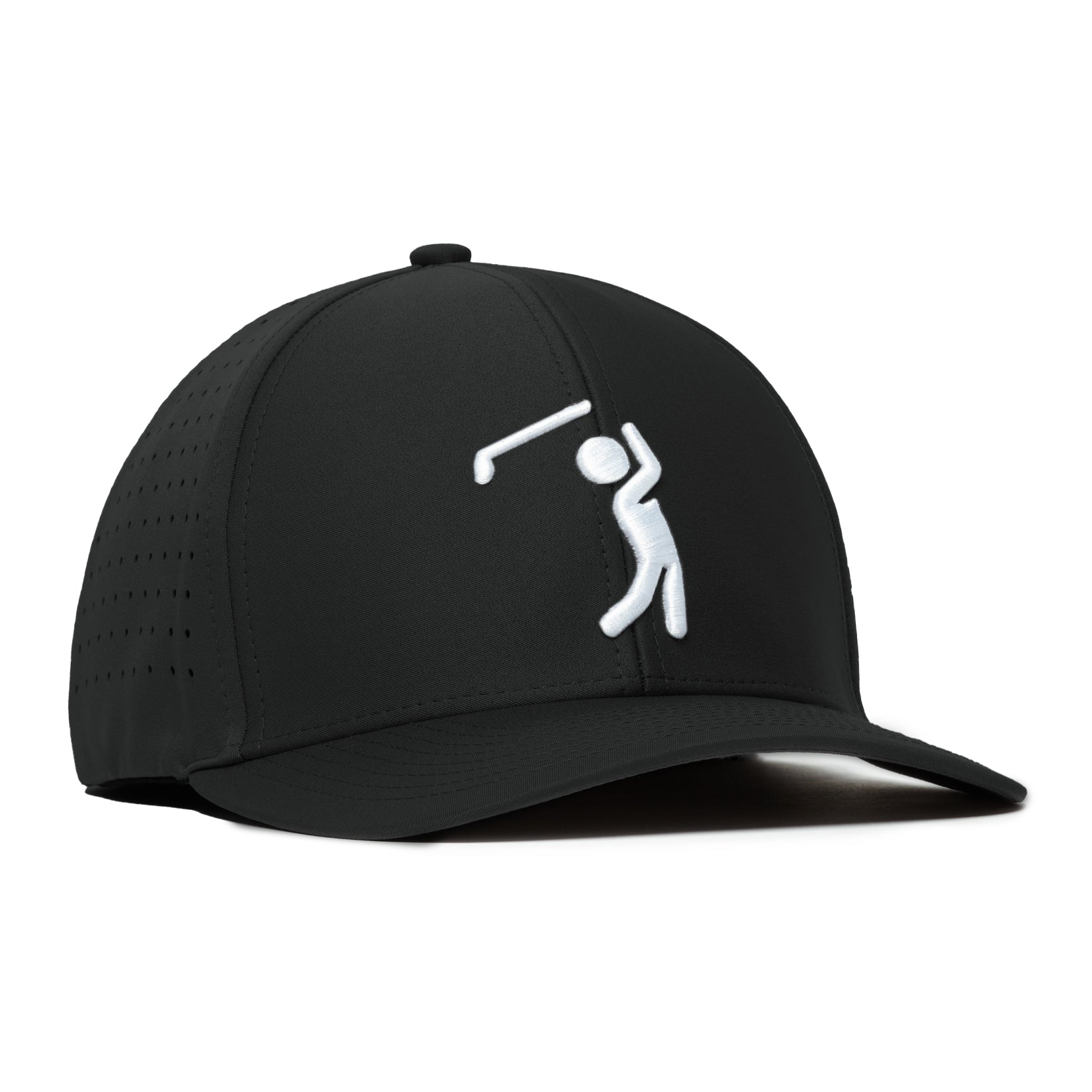 A black baseball cap featuring a white embroidered stick figure swinging a golf club on the front, with small ventilation holes on the side panels and a curved brim.