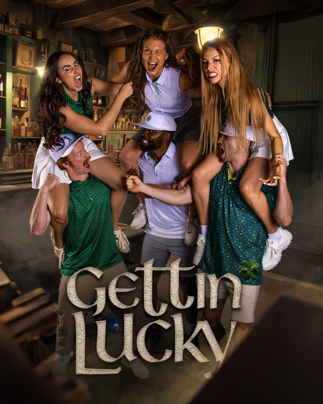 Three men hold three women on their shoulders in a bar setting. All wear green or white golf attire, smiling and laughing. The text Gettin Lucky appears at the bottom with a small shamrock.
