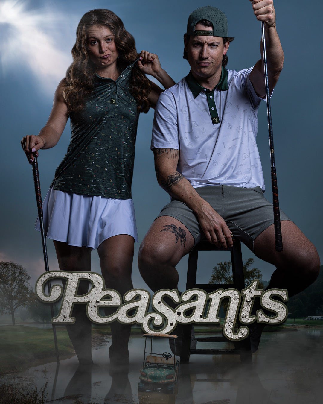 A woman and man in golf attire pose confidently with clubs against a moody sky, the word Peasants in large letters at their feet, and a car on a rural golf course in the background.