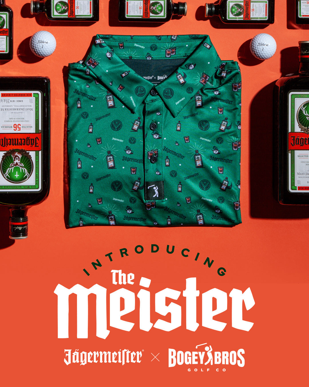 A green collared shirt with Jägermeister bottle and golf-themed prints is neatly folded, surrounded by Jägermeister bottles and golf balls. Text reads: “Introducing The Meister – Jägermeister x Bogey Bros Golf Co.”.